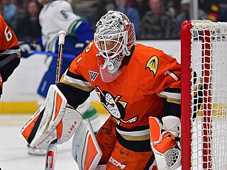 Luká Dostál kleí v brán Anaheim Ducks v zápase s Vancouver Canucks.