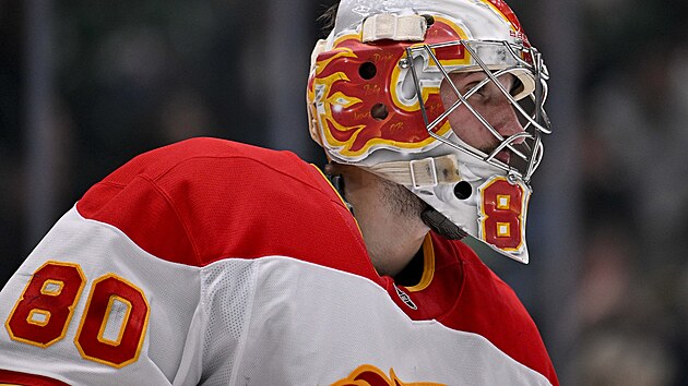 Dan Vlada� (80) z Calgary Flames se soust�ed�.