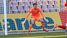 Branká� Adam Hrdina ze Zbrojovky Brno b�hem druholigového zápasu proti...