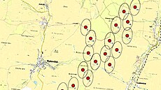 Lomnice - umístní plánovaných turbín v map a katastrální map