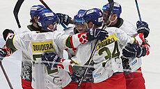Bud�jovi�tí hokejisté se radují z trefy proti Plzni.