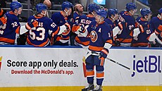 Útoník Bo Horvat z New Yorku Islanders slaví gól se svými spoluhrái.
