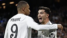 Brahim Diaz slaví druhý gól Realu Madrid, s gratulací pichází Kylian Mbappé.