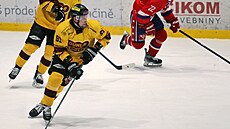 Jihlavský Radim Toman vede puk b�hem �tvrtfinále play off první ligy proti...