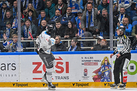 Ond�ej Procházka z Karlových Var� slaví jeden ze svých gól� na led� Komety Brno...