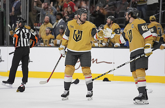 Tomá� Hertl slaví gól proti Los Angeles s par�ákem Markem Stonem.