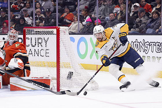 Filip Forsberg z Nashvillu se sna�í dotla�it puk do branky Anaheimu, kterou...