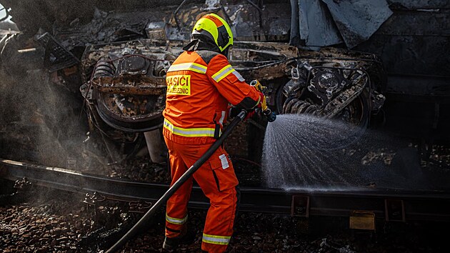 Hasii v Hustopech nad Bevou odezali 10 kolejovch pol. Tkotonn psov jeb je pemstil z drnho tlesa. Zrove odstranil kolejnice a 9 vagnovch soukol, kter se pi nehod a poru od cisteren uvolnila a zstala na elezninm svrku a brnila pohybu techniky. Na mst probhaj dal likvidan prce.