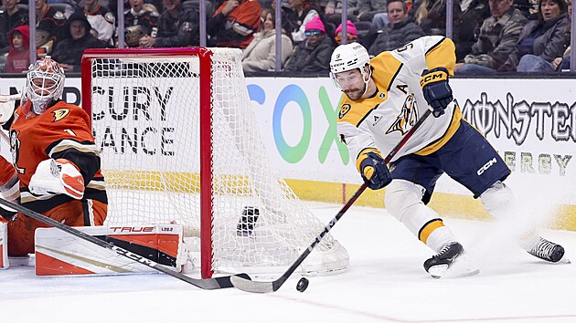 Filip Forsberg z Nashvillu se sna�� dotla�it puk do branky Anaheimu, kterou st�e�� Luk� Dost�l.
