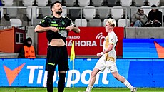 Střelec gólu Tom Slončík z Hradce (vpravo) slaví, naštvaný je Nemanja Tekijaški...