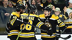 Pavel Zacha, David Pastr�ák a Morgan Geekie z Boston Bruins slaví gól proti...