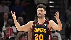 Udivený Georges Niang z Atlanta Hawks po odpískaném faulu v zápase s Charlotte...