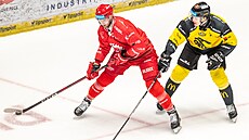 Daniel Kurovský z T�ince si kryje puk p�ed dotírajícím Kristapsem Zilem z...