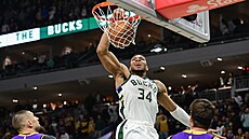Janis Adetokunbo sme�uje v zápase proti Lakers.