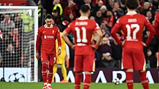 Liverpoolský úto�ník Darwin Nú�ez sklesle krá�í ke spoluhrá��m poté, co v...