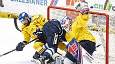 Závar p�ed �eskobud�jovickou brankou v pátém utkání p�edkola play off s...