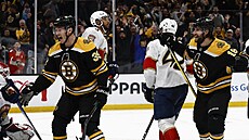 Pavel Zacha (18) a  Morgan Geekie (39) z Boston Bruins slaví gól proti Florida...