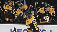 Pavel Zacha (18) slaví sv�j gól se spoluhrá�i z Boston Bruins.