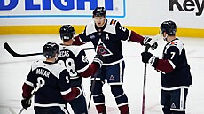 Hokejisté Colorado Avalanche slaví gól. Jmenovit�: Nathan MacKinnon (29),...