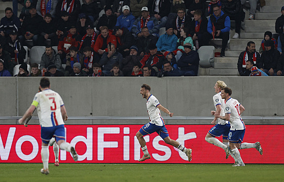 Gunnar Vatnhamar slaví se spoluhrái z Faerských ostrov vyrovnávací trefu...