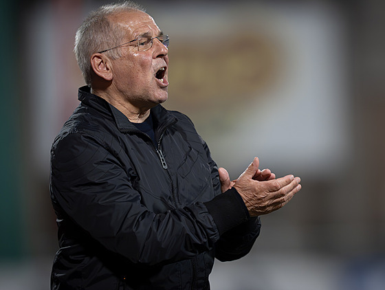 Trenér Dukly Petr Rada podporuje své svence v zápase proti Slavii.
