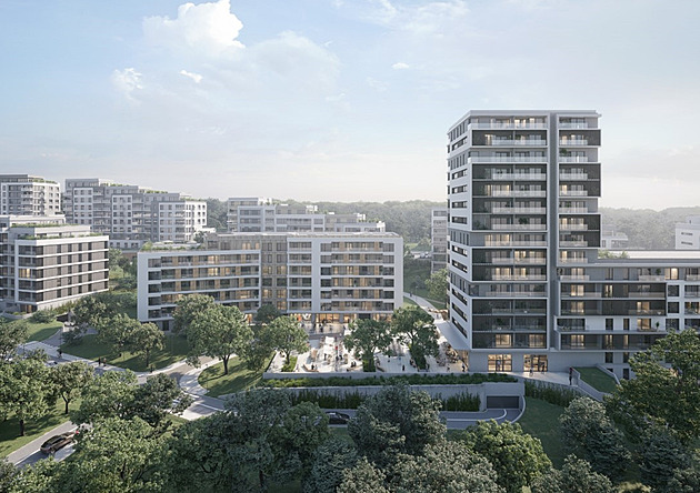 Vizualizace bytového komplexu Kalevala s devíti budovami a 750 byty v Brn.