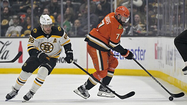 Radko Gudas kontroluje kotou� p�ed dot�raj�c�m Davidem Pastr��kem.