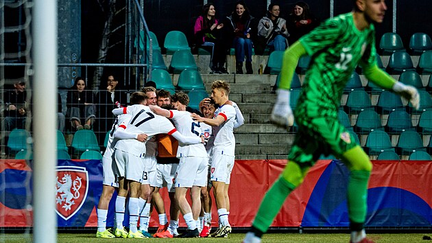 Chomutov, 22. 03. 2025, elitn� f�ze kvalifikace o mistrovstv� Evropy U19. �esko U19 - Chorvatsko U19.  �esk� t�m slav� g�l na 1:0.