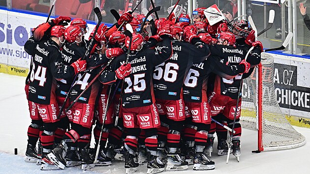 Radost hradeck�ch hokejist� po postupu do semifin�le extraligy.