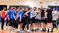 Poty�ka mezi hrá�i Handballu Brno (v modrém) a Lovosic po srá�ce dvou...