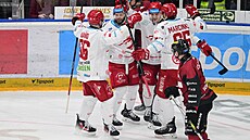 Radost t�ineckých hokejist� po gólu Martina R��i�ky v pátém �tvrtfinále proti...