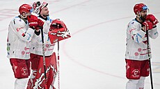 Zklamání třineckých hokejistů po čtvrtfinálovém vyřazení se Spartou.