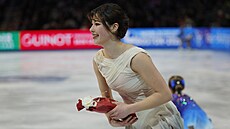 Alysa Liuová po krátkém programu na MS v krasobruslení.