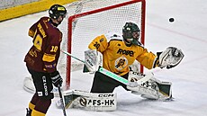Vsetínský branká� Tomas Rydén se natahuje po kotou�i b�hem t�etího semifinále...