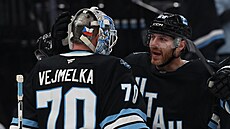 Karel Vejmelka a obránce Ian Cole se radují z triumfu.