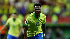 ��astný Vinicius Júnior slaví branku proti Kolumbii.