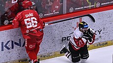Sparťanský útočník Miroslav Forman padá po zásahu od třineckého Marka Daňa.