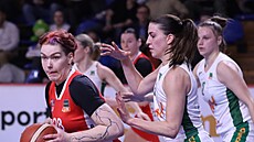 Lucie Ceralová z DSK Basketball Brandýs u mí�e v zápase se �abinami Brno