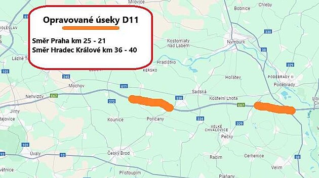 Na dlnici D11 v seku od sjezdu u Sadsk a ke Starmu Vesci probh pokldka novho asfaltovho povrchu.