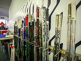 Nachystané hokejky p�ed za�átkem mistrovství sv�ta �en v �eských Bud�jovicích.