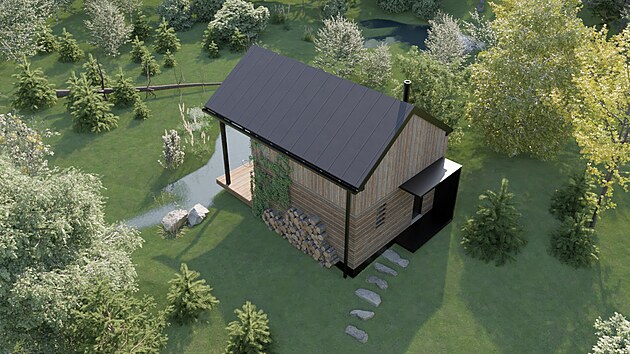 Vizualizace: Chata s d�ev�n�m obkladem dob�e zapadne i do voln� p��rody.