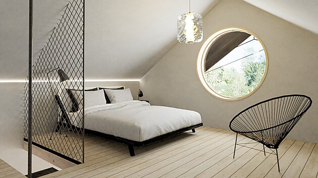 Vizualizace:Podkrovn� lo�nice je p��stupn� po schodech, u nich� jako praktick� bezpe�nostn� prvek i z�bradl� funguje kovov� s�.