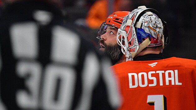 Radko Gudas (vlevo) a Luk Dostl bhem zpasu Anaheim Ducks.