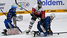 Michal Gulai z Brna (kleí) blokuje jednu z mnoha stel Sparty v semifinále...