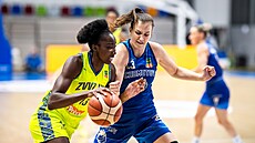 Ezi Magbegorová z USK Praha se tlaí kolem Kateiny Rokoové z Levhartic...