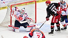 Pardubický branká� Roman Will zasahuje proti hradecké st�ele.