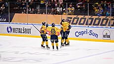 Zlín�tí hrá�i slaví gól proti Jihlav�.
