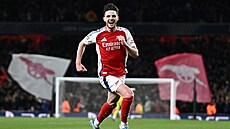 Declan Rice z Arsenalu se ve �tvrtfinále Ligy mistr� raduje z gól� do sít�...