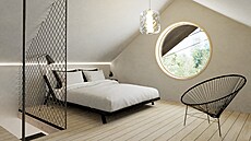 Vizualizace:Podkrovní lo�nice je p�ístupná po schodech, u nich� jako praktický...