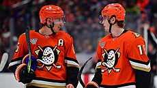 Ryan Strome (16) a Troy Terry (19) z Anaheim Ducks se domlouvají.